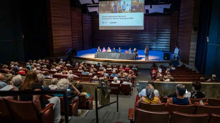 SOU President Dr. Richard Bailey kicked off the first of two public sessions with potential partner companies being considered to develop senior housing on the university campus. Ashland.news photo by Bob Palermini