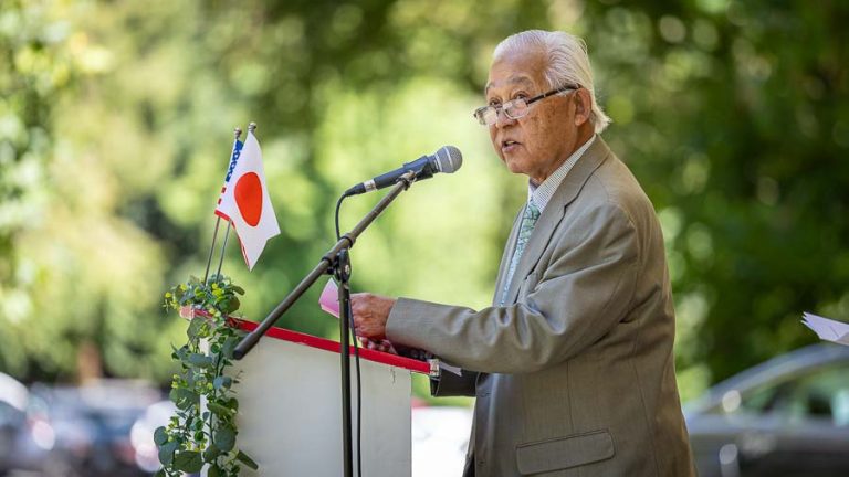 Former Southern Oregon University President Roy Saigo spoke about the experience he and his family had when they were removed from their home and taken to an internment camp during World War II. Ashland.news photo by Bob Palermini
