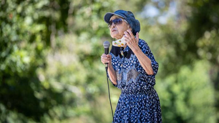 Hiroshima survivor Hideko Tamura, one of the founders of the Peace Ceremony, spoke Tuesday during the ceremony, which offers an educational component to the weeklong events leading up to Friday’s football game. Ashland.news photo by Bob Palermini