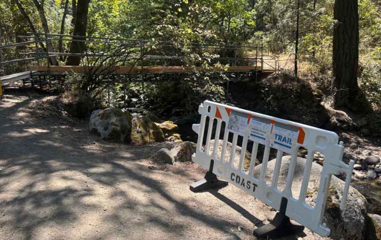 A temporary bridge over Ashland Creek allows pedestrian and bike access to Ashland watershed trails. Ashland.news photo by Sydney Seymour