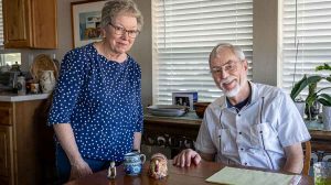 Penny and Steve Thorpe display three of the four small ceramic objects they recovered from their Mountain View Estates home. They were among the first residents to return after the fire. Ashland.news photo by Bob Palermini